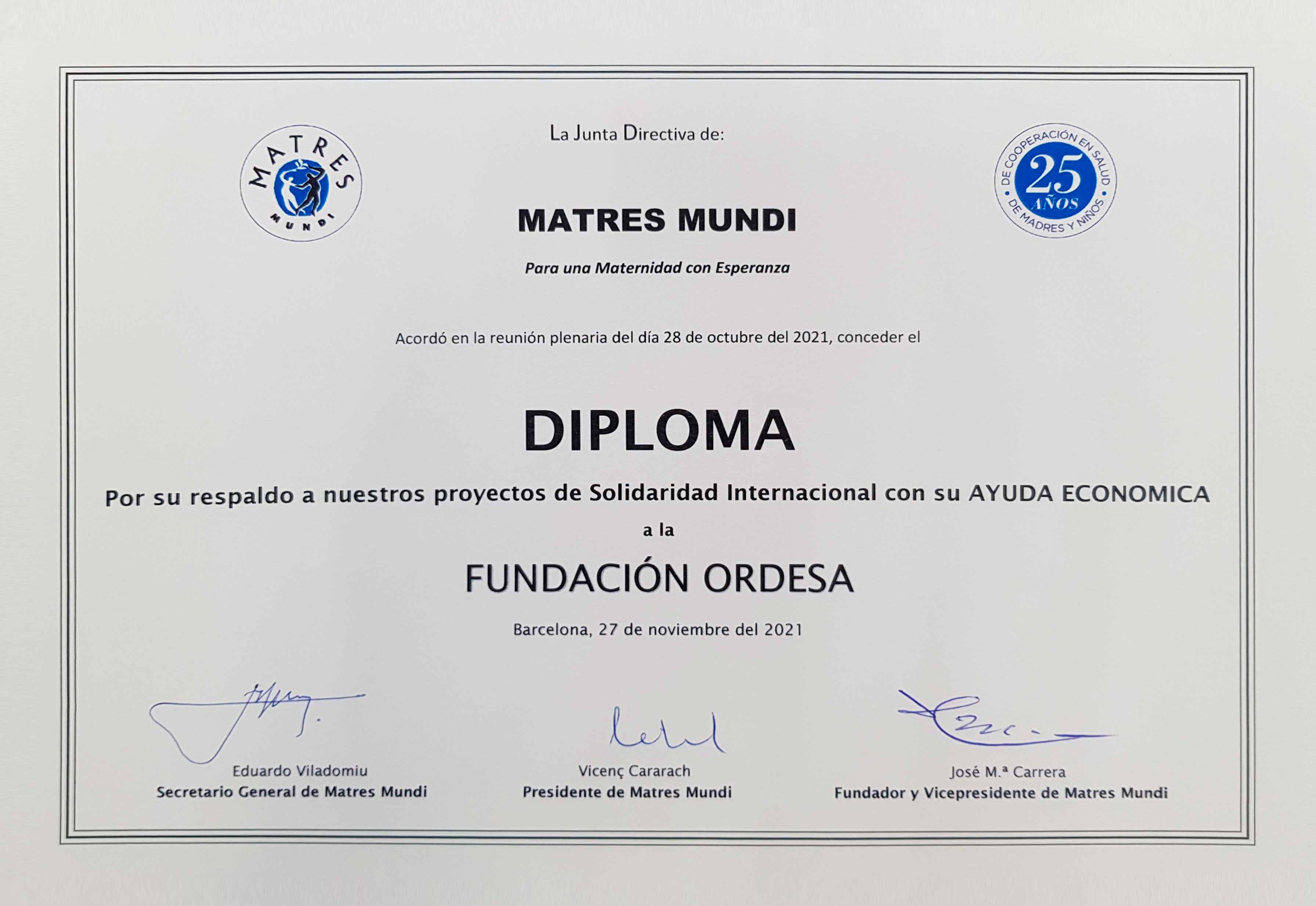 Diploma de Matres Mundi a Laboratorios Ordesa