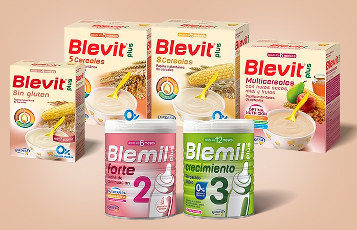 Bodegón de productos de Blemil y Blevit, marcas de Laboratorios Ordesa